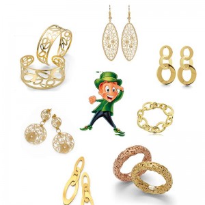 Leprechaun surrounded by various gold jewelry 