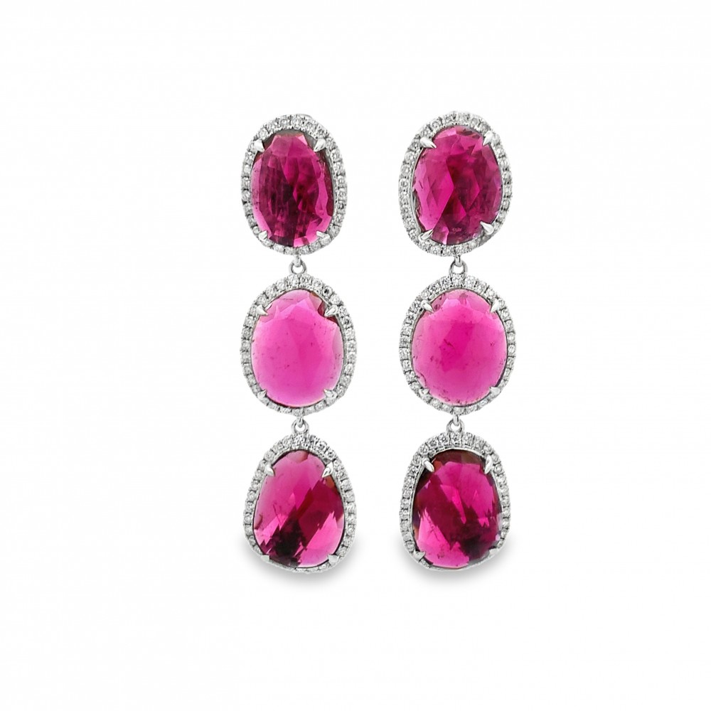 18K White Gold Rubellite Tourmaline Dangling Earrings with 6 Rose Cut Rubellite Tourmalines 19.40 CTW and 182 Round Diamonds 1.37 CTW G-H SI