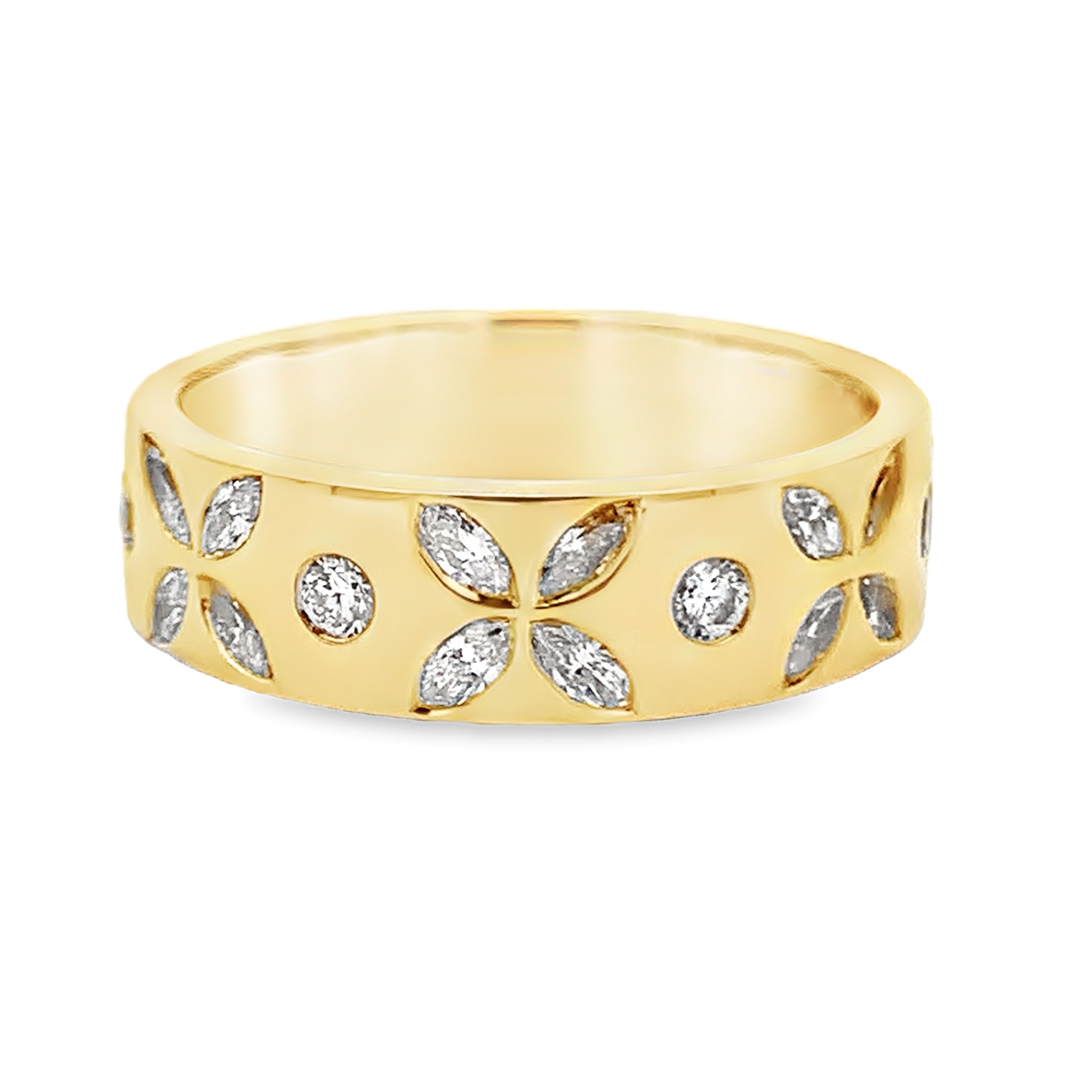 14K Yellow Gold Floral Motif Station Wide Diamond Band