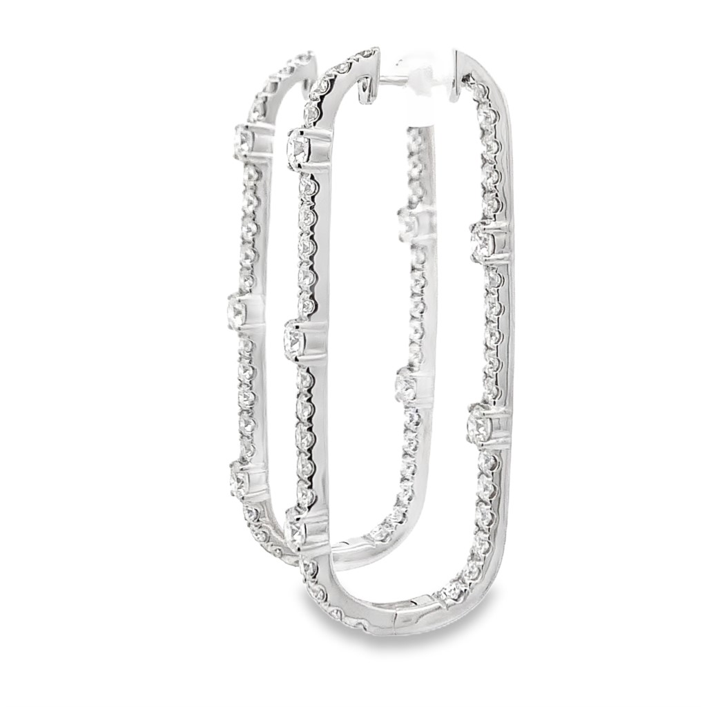 18K White Gold Straight Oval Diamond Hoops