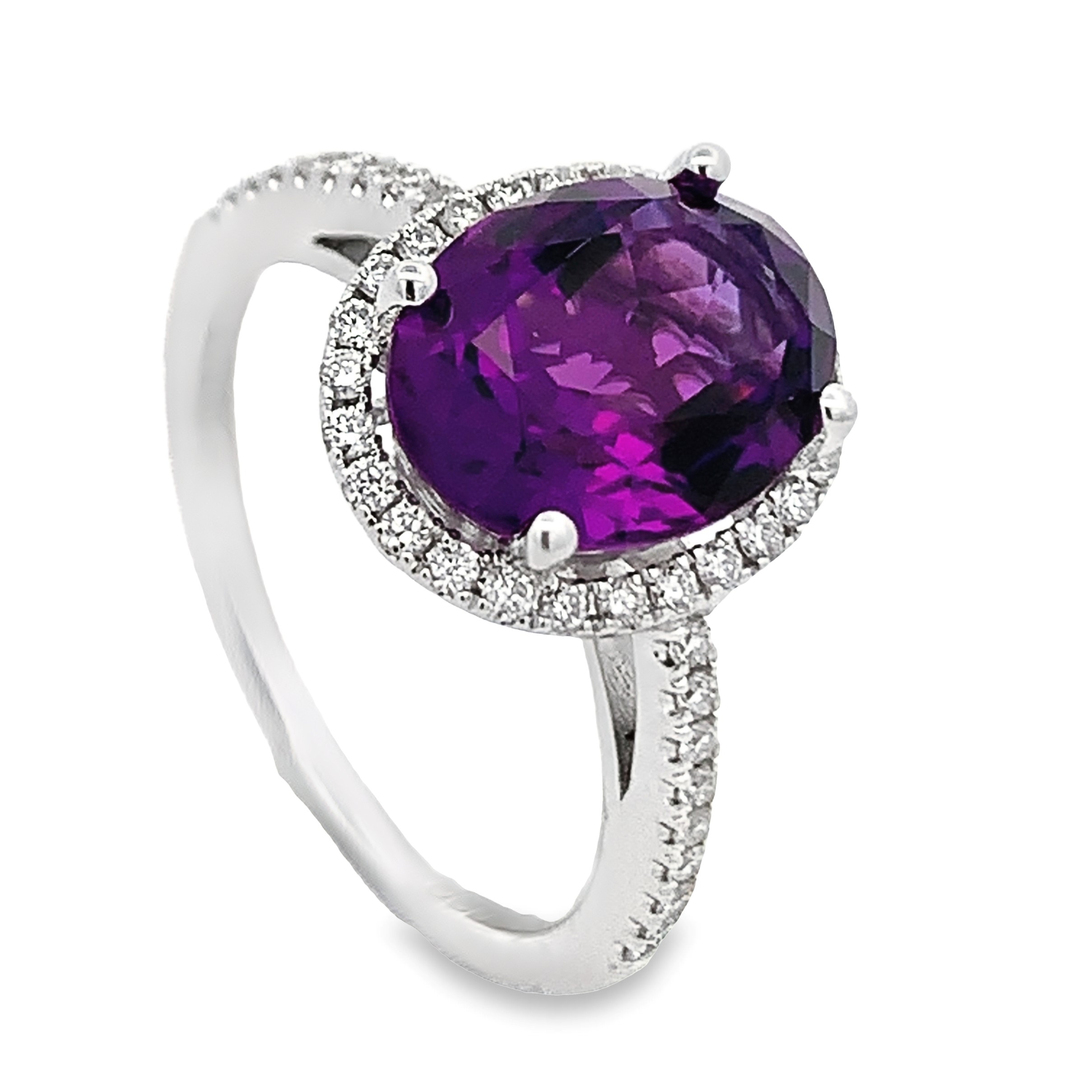 14K White Gold Oval Amethyst Halo Ring