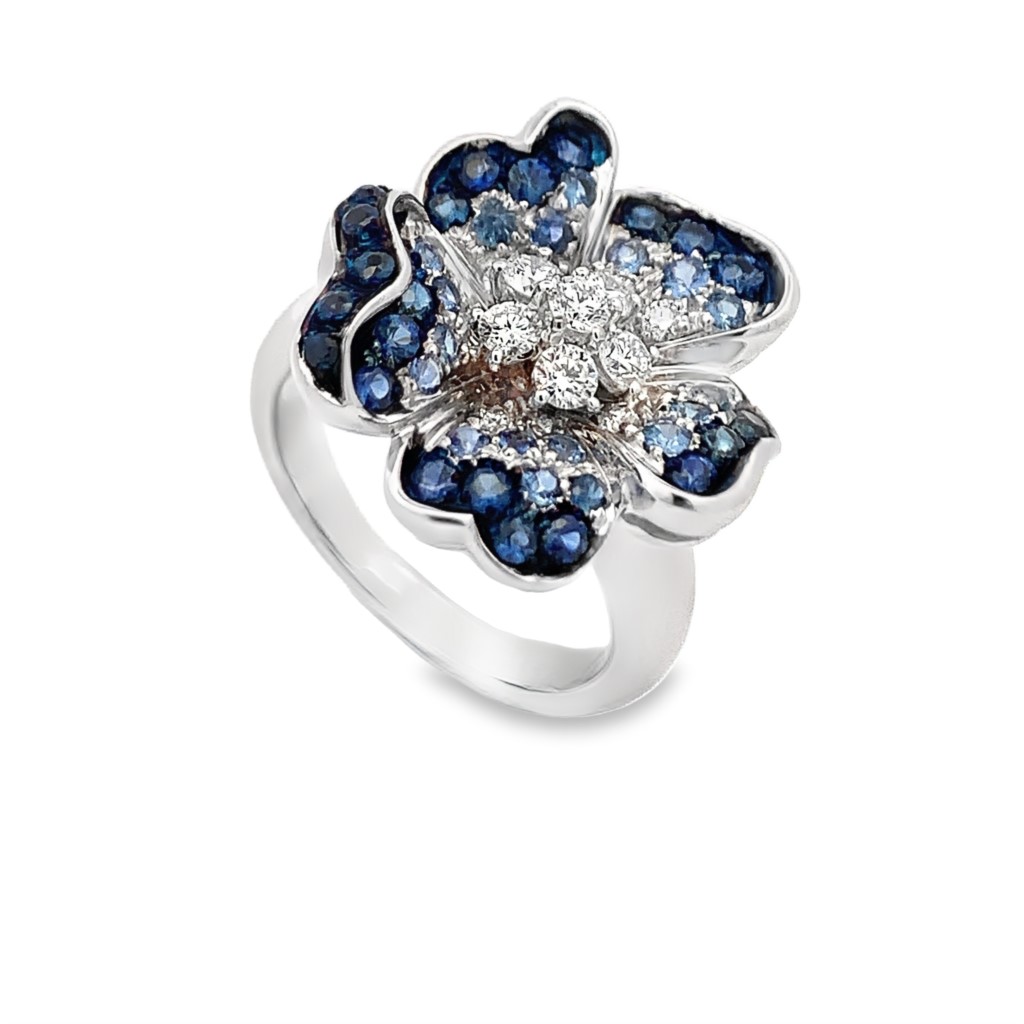 Leo Pizzo 18K White Gold Blue Sapphire and Diamond Flower Ring