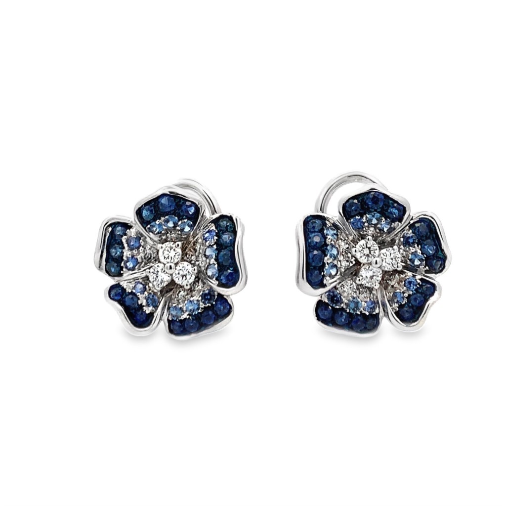 Leo Pizzo 18K White Gold Blue Sapphire and Diamond Flower Earrings