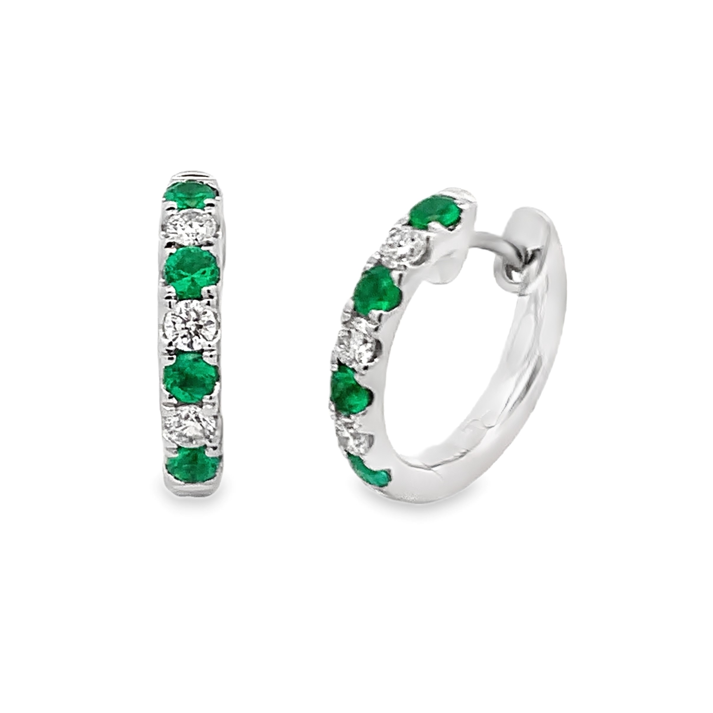14K White Gold Emerald and Diamond Hoops
