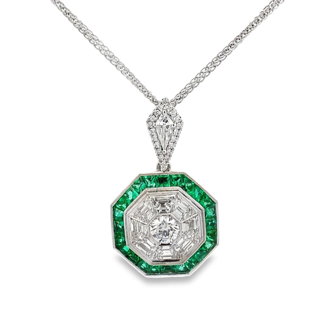 Simon G. 18K White Gold Emerald and Diamond Cluster Pendant