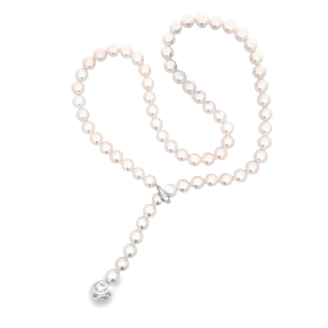 Mikimoto 18K White Gold Lariat with 66 Round Japanese Cutlured Akoya Pearls A  8X7mm with12mm Sphere with 167 Round Brilliant Cut Diamonds 0.45 Tcw F-G VS